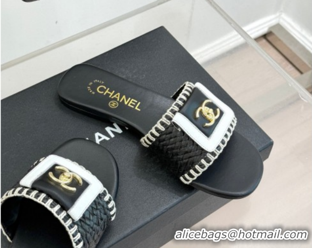 Good Product Chanel Straw-Like Flat Slides Sandal with CC Foldover CH030702 Black 2026