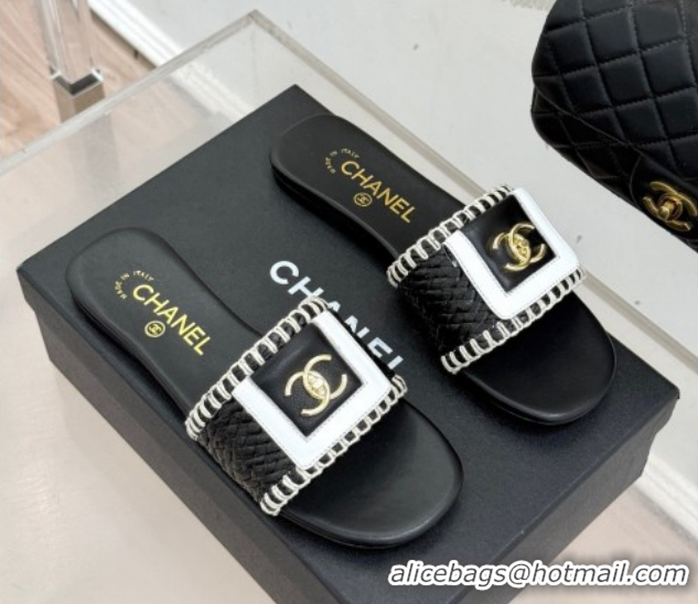Good Product Chanel Straw-Like Flat Slides Sandal with CC Foldover CH030702 Black 2026