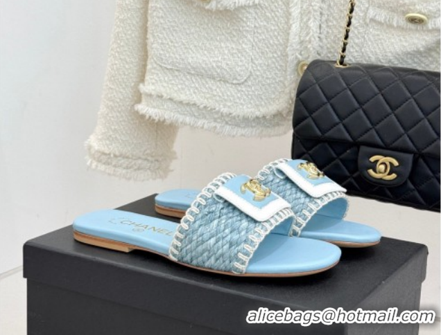 Grade Product Chanel Straw-Like Flat Slides Sandal with CC Foldover CH030702 Blue 2026