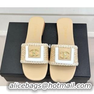 Stylish Chanel Straw-Like Flat Slides Sandal with CC Foldover CH030702 Beige 2026