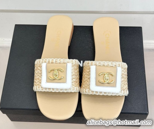 Stylish Chanel Straw-Like Flat Slides Sandal with CC Foldover CH030702 Beige 2026