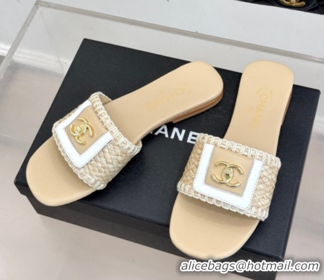 Stylish Chanel Straw-Like Flat Slides Sandal with CC Foldover CH030702 Beige 2026