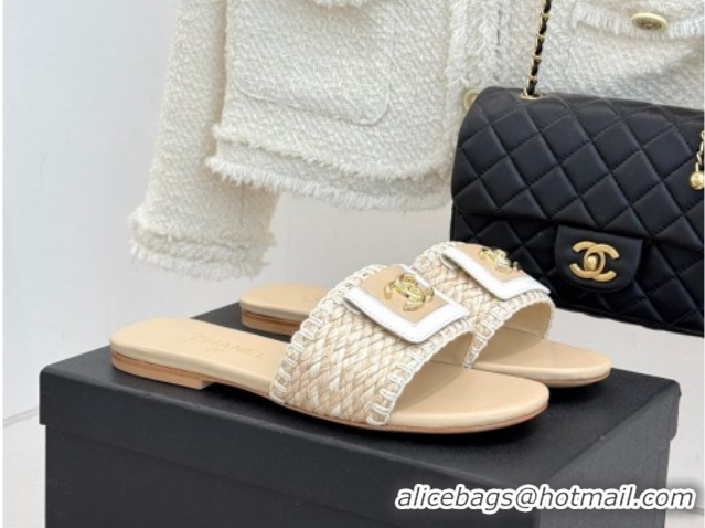Stylish Chanel Straw-Like Flat Slides Sandal with CC Foldover CH030702 Beige 2026