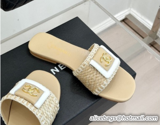 Stylish Chanel Straw-Like Flat Slides Sandal with CC Foldover CH030702 Beige 2026