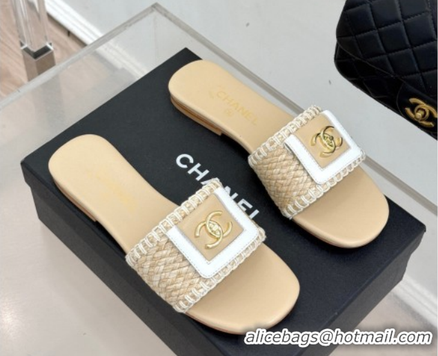 Stylish Chanel Straw-Like Flat Slides Sandal with CC Foldover CH030702 Beige 2026