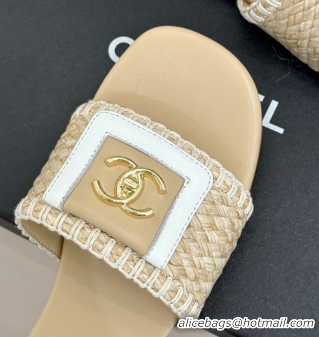 Stylish Chanel Straw-Like Flat Slides Sandal with CC Foldover CH030702 Beige 2026