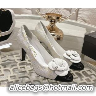 Perfect Chanel Tweed & Patent Leather Pumps 8.5cm with Camellia Bloom CH030704 White 2026