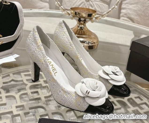 Perfect Chanel Tweed & Patent Leather Pumps 8.5cm with Camellia Bloom CH030704 White 2026
