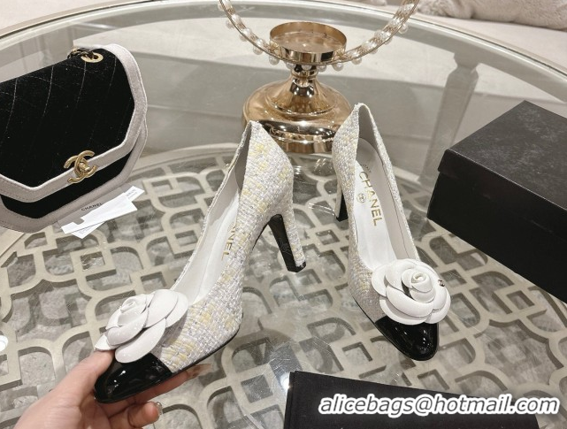 Perfect Chanel Tweed & Patent Leather Pumps 8.5cm with Camellia Bloom CH030704 White 2026