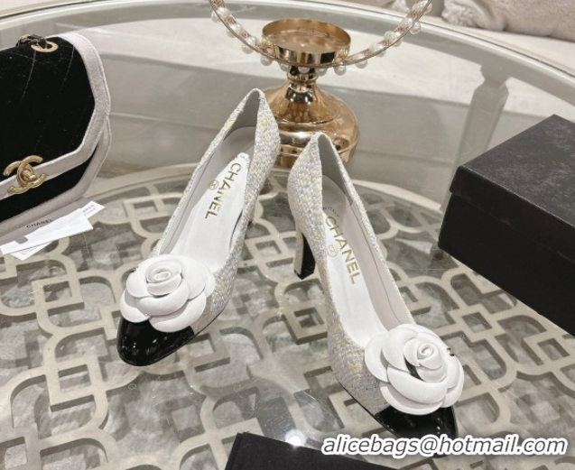 Perfect Chanel Tweed & Patent Leather Pumps 8.5cm with Camellia Bloom CH030704 White 2026