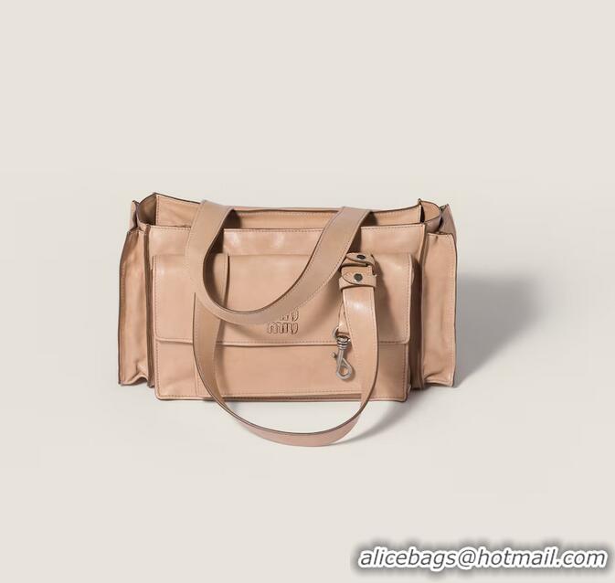 Famous Brand Miu Miu Utilitaire Nappa Leather Shopping Bag 5BG335 Beige