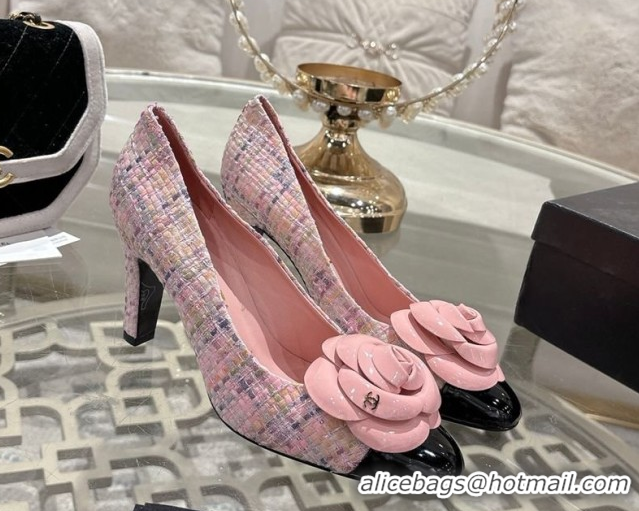 Good Quality Chanel Tweed & Patent Leather Pumps 8.5cm with Camellia Bloom CH030704 Pink 2026