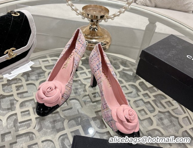 Good Quality Chanel Tweed & Patent Leather Pumps 8.5cm with Camellia Bloom CH030704 Pink 2026