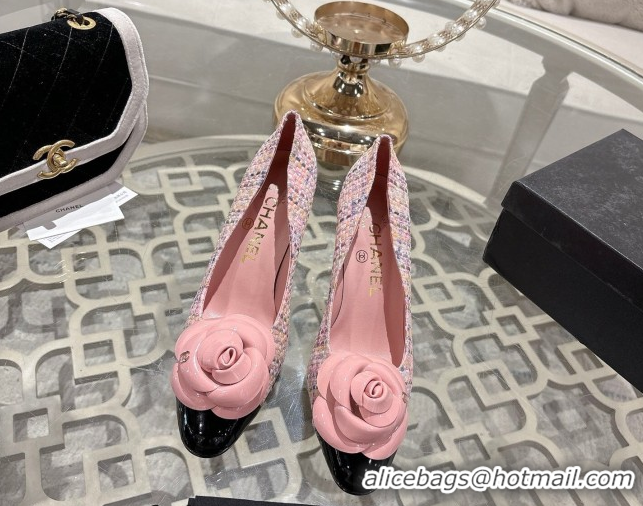 Good Quality Chanel Tweed & Patent Leather Pumps 8.5cm with Camellia Bloom CH030704 Pink 2026