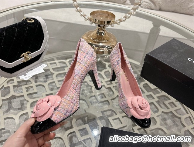 Good Quality Chanel Tweed & Patent Leather Pumps 8.5cm with Camellia Bloom CH030704 Pink 2026