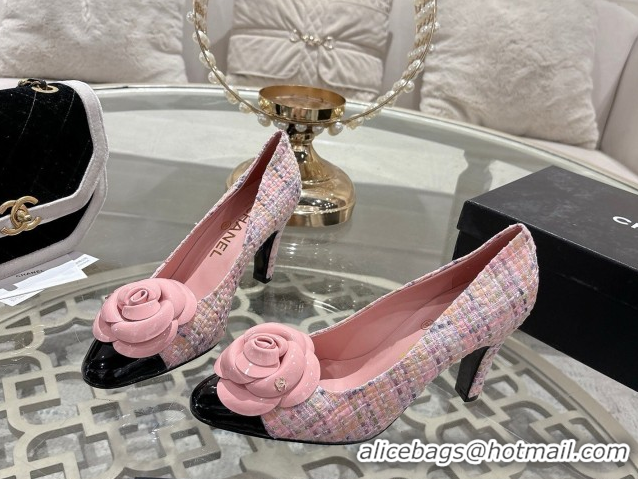 Good Quality Chanel Tweed & Patent Leather Pumps 8.5cm with Camellia Bloom CH030704 Pink 2026