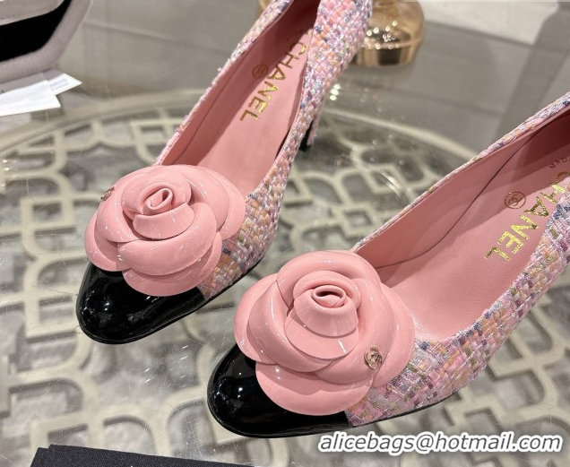 Good Quality Chanel Tweed & Patent Leather Pumps 8.5cm with Camellia Bloom CH030704 Pink 2026