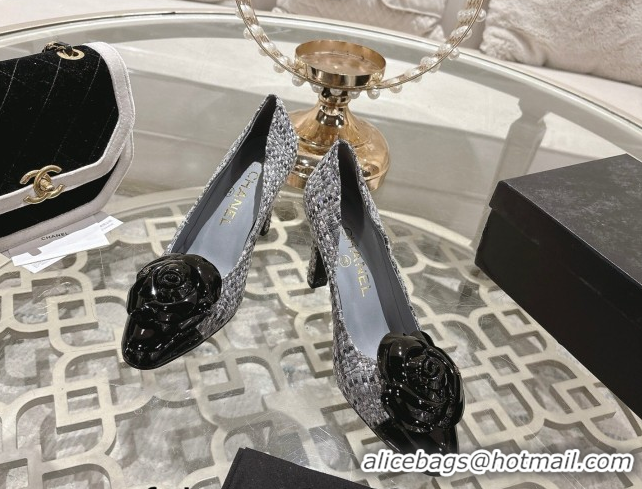Unique Style Chanel Tweed & Patent Leather Pumps 8.5cm with Camellia Bloom CH030704 Grey 2026