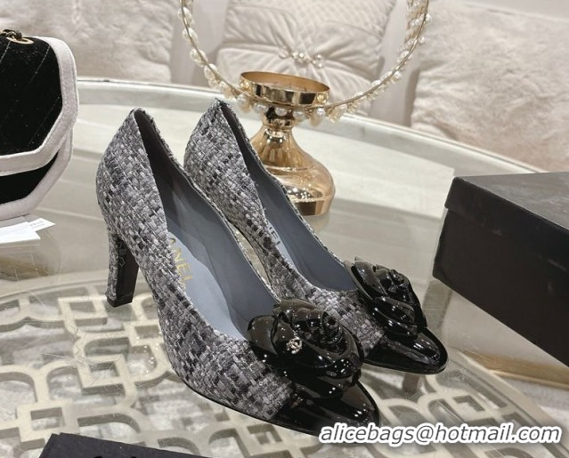 Unique Style Chanel Tweed & Patent Leather Pumps 8.5cm with Camellia Bloom CH030704 Grey 2026