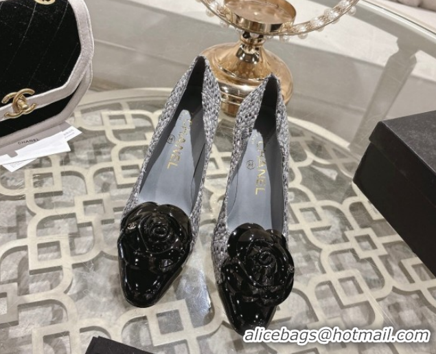 Unique Style Chanel Tweed & Patent Leather Pumps 8.5cm with Camellia Bloom CH030704 Grey 2026