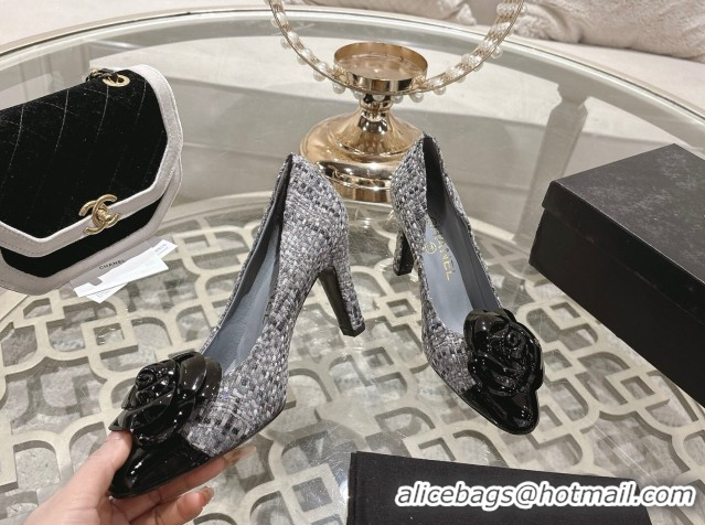 Unique Style Chanel Tweed & Patent Leather Pumps 8.5cm with Camellia Bloom CH030704 Grey 2026