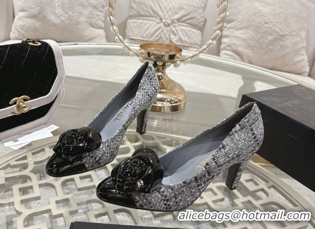 Unique Style Chanel Tweed & Patent Leather Pumps 8.5cm with Camellia Bloom CH030704 Grey 2026