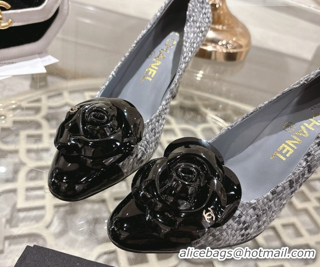 Unique Style Chanel Tweed & Patent Leather Pumps 8.5cm with Camellia Bloom CH030704 Grey 2026