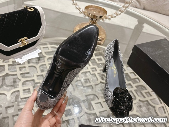 Unique Style Chanel Tweed & Patent Leather Pumps 8.5cm with Camellia Bloom CH030704 Grey 2026