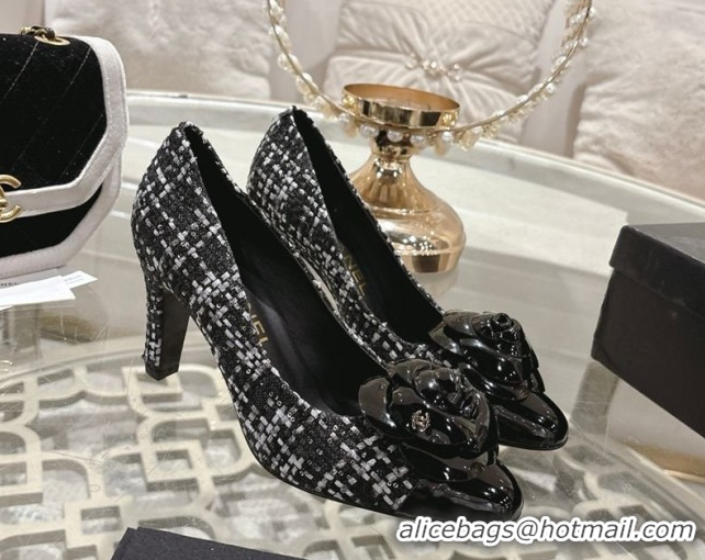 Durable Chanel Tweed & Patent Leather Pumps 8.5cm with Camellia Bloom CH030704 Black/White 2026