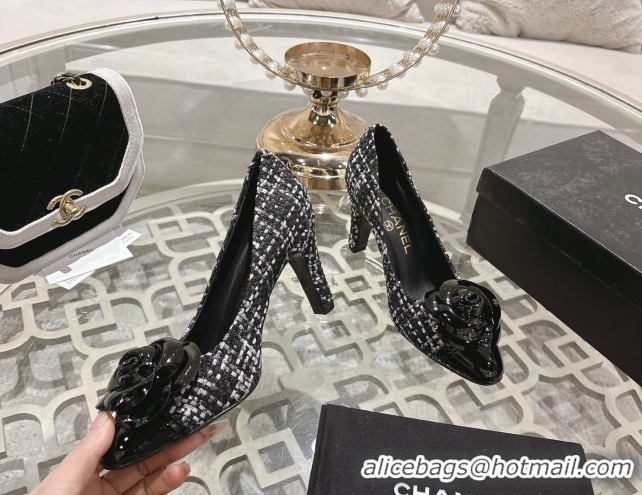 Durable Chanel Tweed & Patent Leather Pumps 8.5cm with Camellia Bloom CH030704 Black/White 2026