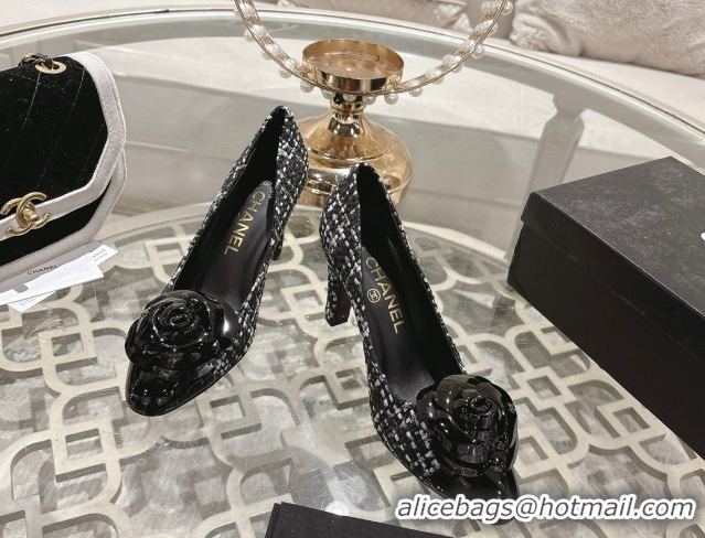 Durable Chanel Tweed & Patent Leather Pumps 8.5cm with Camellia Bloom CH030704 Black/White 2026