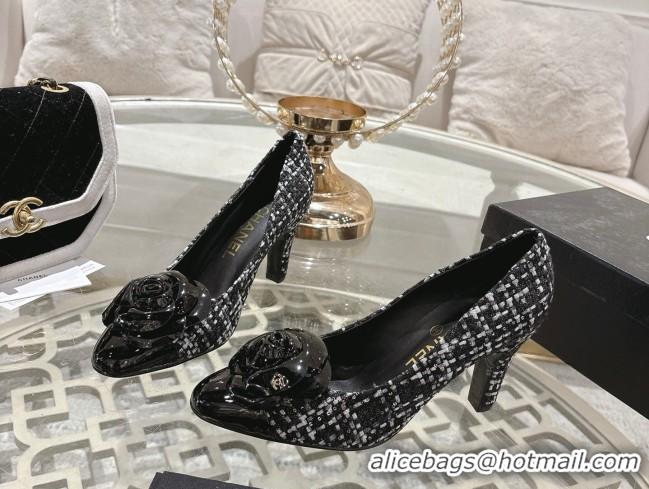 Durable Chanel Tweed & Patent Leather Pumps 8.5cm with Camellia Bloom CH030704 Black/White 2026