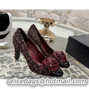 Top Design Chanel Tweed & Patent Leather Pumps 8.5cm with Camellia Bloom CH030704 Burgundy 2026