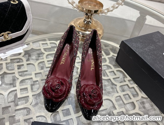 Top Design Chanel Tweed & Patent Leather Pumps 8.5cm with Camellia Bloom CH030704 Burgundy 2026