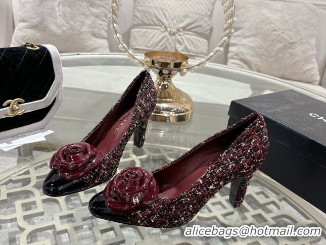 Top Design Chanel Tweed & Patent Leather Pumps 8.5cm with Camellia Bloom CH030704 Burgundy 2026