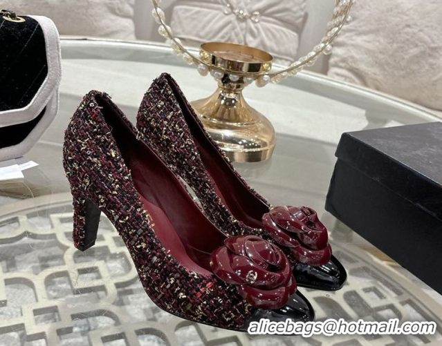 Top Design Chanel Tweed & Patent Leather Pumps 8.5cm with Camellia Bloom CH030704 Burgundy 2026