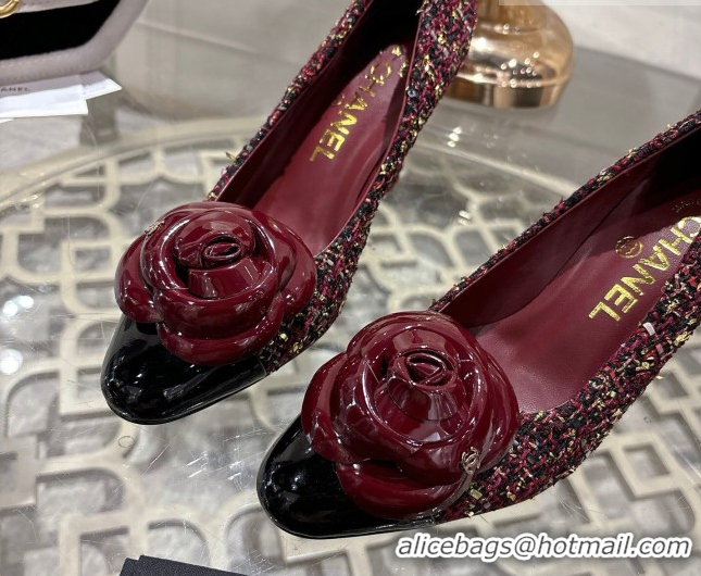 Top Design Chanel Tweed & Patent Leather Pumps 8.5cm with Camellia Bloom CH030704 Burgundy 2026