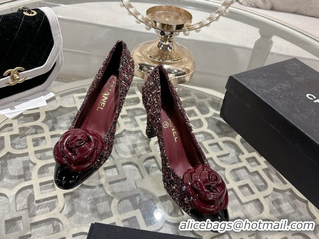 Top Design Chanel Tweed & Patent Leather Pumps 8.5cm with Camellia Bloom CH030704 Burgundy 2026
