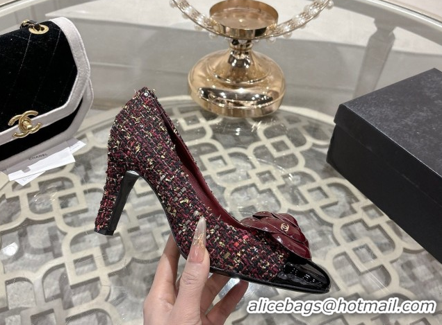 Top Design Chanel Tweed & Patent Leather Pumps 8.5cm with Camellia Bloom CH030704 Burgundy 2026