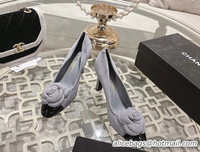 Grade Quality Chanel Suede & Patent Leather Pumps 8.5cm with Camellia Bloom CH030704 Grey 2026