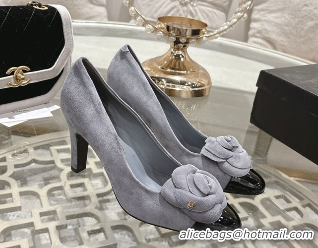 Grade Quality Chanel Suede & Patent Leather Pumps 8.5cm with Camellia Bloom CH030704 Grey 2026