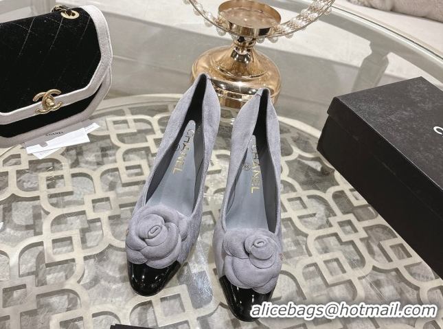 Grade Quality Chanel Suede & Patent Leather Pumps 8.5cm with Camellia Bloom CH030704 Grey 2026