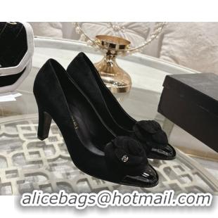 Pretty Style Chanel Suede & Patent Leather Pumps 8.5cm with Camellia Bloom CH030704 Black 2026