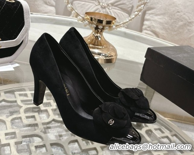 Pretty Style Chanel Suede & Patent Leather Pumps 8.5cm with Camellia Bloom CH030704 Black 2026