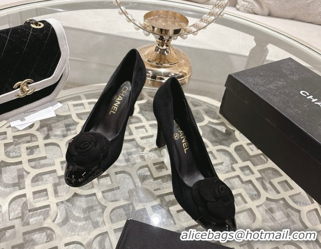 Pretty Style Chanel Suede & Patent Leather Pumps 8.5cm with Camellia Bloom CH030704 Black 2026