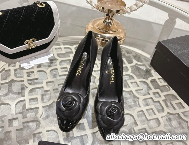 est Grade Chanel Lambskin & Patent Leather Pumps 8.5cm with Camellia Bloom CH030704 Black 2026