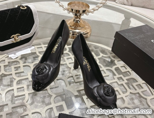 est Grade Chanel Lambskin & Patent Leather Pumps 8.5cm with Camellia Bloom CH030704 Black 2026