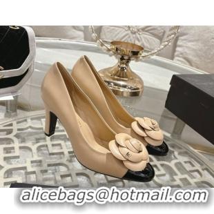 Most Popular Chanel Lambskin & Patent Leather Pumps 8.5cm with Camellia Bloom CH030704 Beige 2026