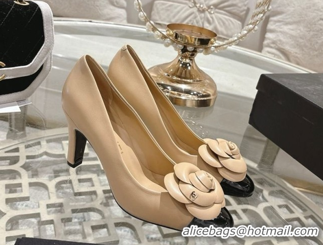 Most Popular Chanel Lambskin & Patent Leather Pumps 8.5cm with Camellia Bloom CH030704 Beige 2026