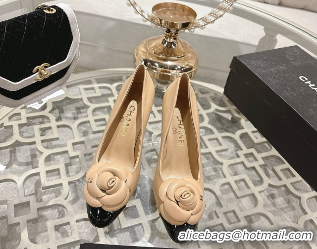 Most Popular Chanel Lambskin & Patent Leather Pumps 8.5cm with Camellia Bloom CH030704 Beige 2026